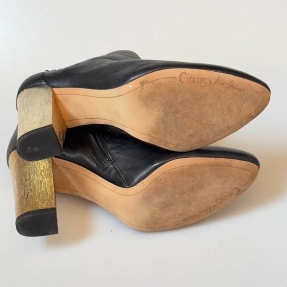 CIRCUS by Sam Edelman Shoes Black Leather Gold Block Heel Bootie Womans 8M - Picture 4 of 12